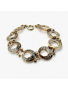 Vintage Mid Century Gold Tone Black Enamel Link Bracelet, 1950s 1960s Greek